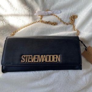 NWT Steve Madden Black Clutch with Gold Logo and Gold Chain Strap